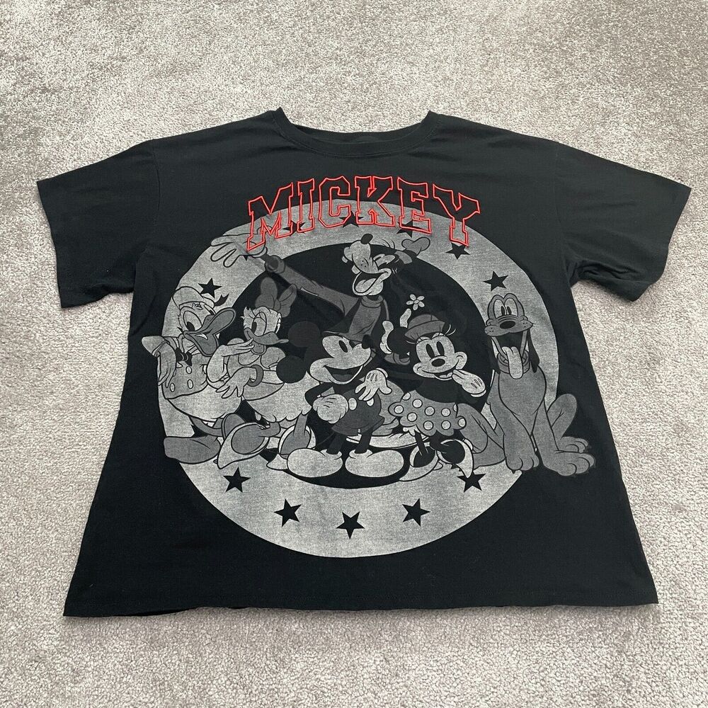 Disney Mickey Mouse Embroidered Graphic T-Shirt Womens XL Black Crew Neck Tee
